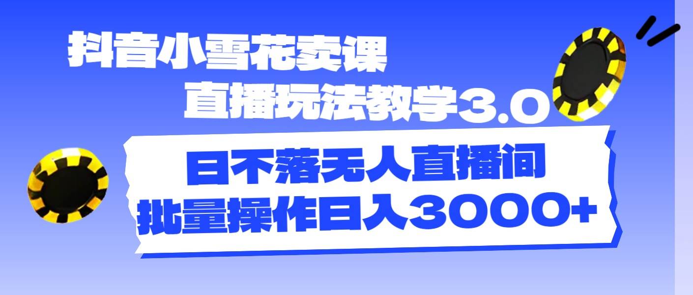 抖音小雪花卖课直播玩法教学3.0，日不落无人直播间，批量操作日入3000+-繁星副业