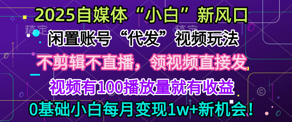2025每月躺赚5w+新机会，闲置视频账号一键代发玩法，0粉不实名不剪辑，领了视频直接发，0基础小白也能日入300+-繁星副业