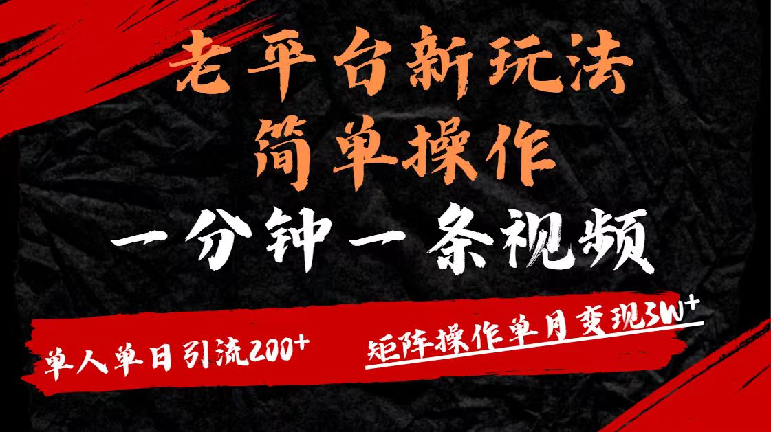 老平台，新玩法，简单操作，一分钟一条视频，单人单人引流200+矩阵操作，单月变现3W-繁星副业