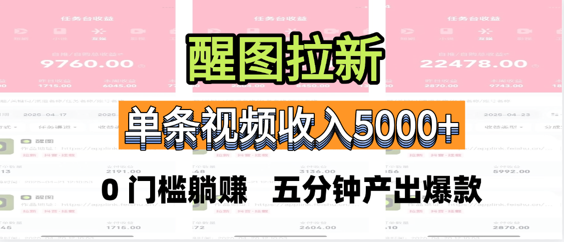 醒图拉新，0 门槛躺赚，五分钟产出爆款，单条视频收入5000+-繁星副业