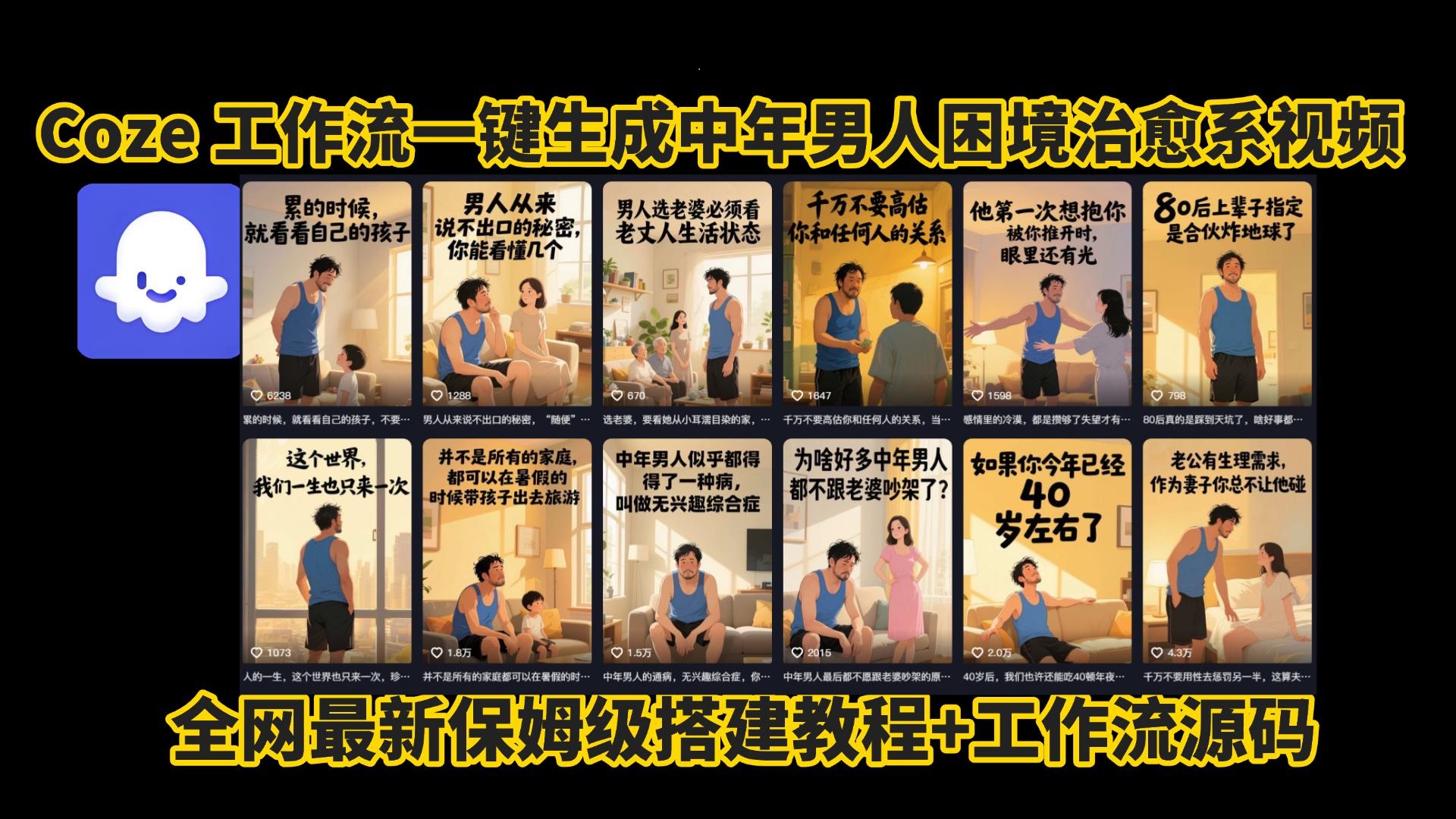 coze工作流一键生成，中年男人困境扎心高涨粉高播放量图文视频，保姆级拆解教程，无需剪辑，无需拍摄写文案智能体拆解教程-繁星副业