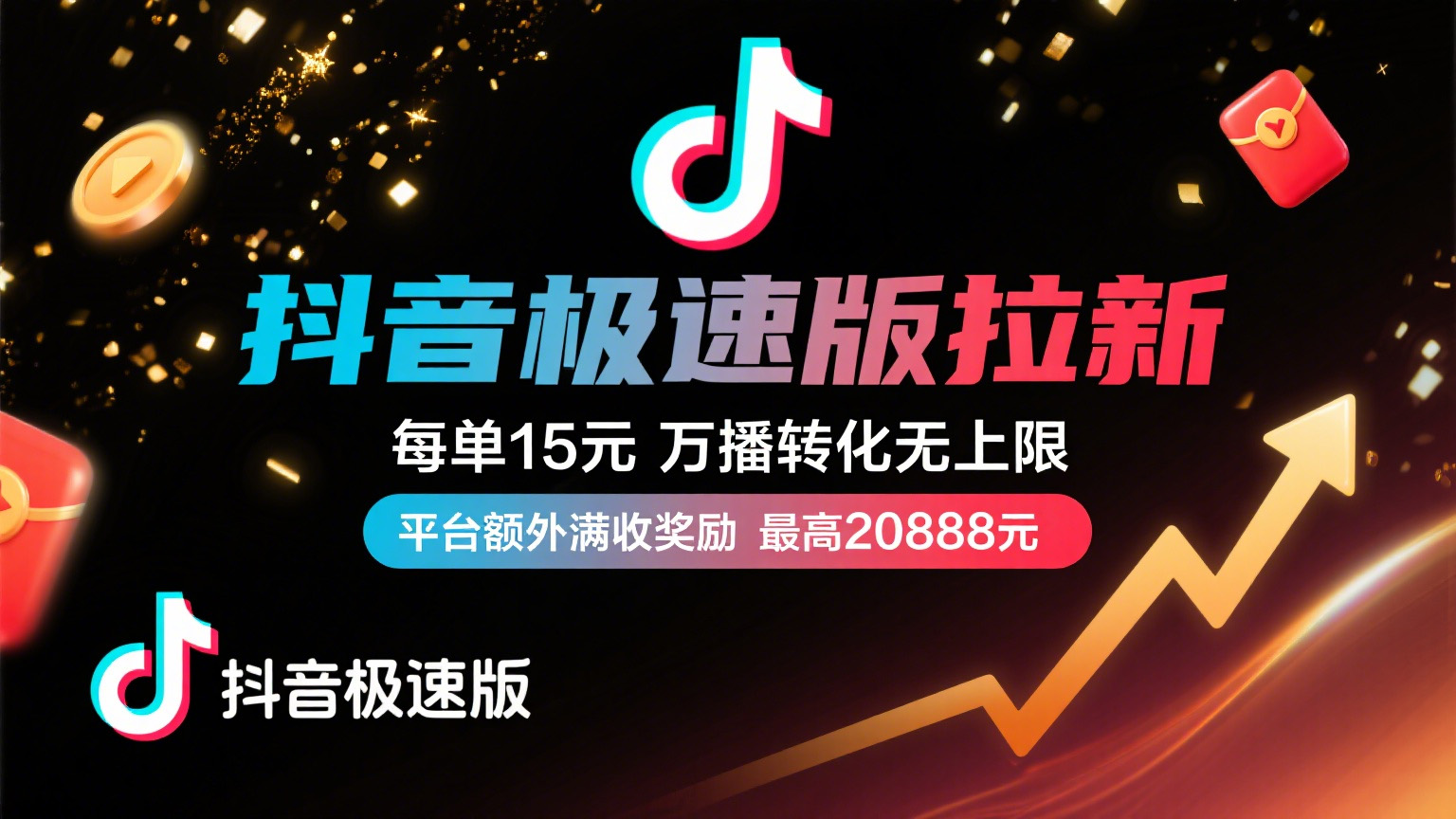 抖音极速版放福利，每单15元，万播转化无上限，平台额外满收奖励，最高可领20888元-繁星副业